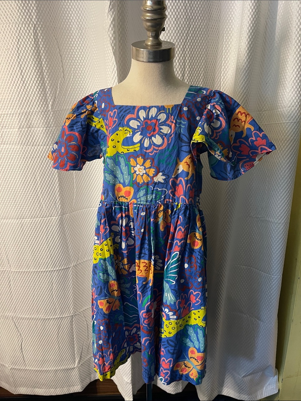 Mini Boden Girls Blue Floral & Yellow Accent Casual Dress size 6-7